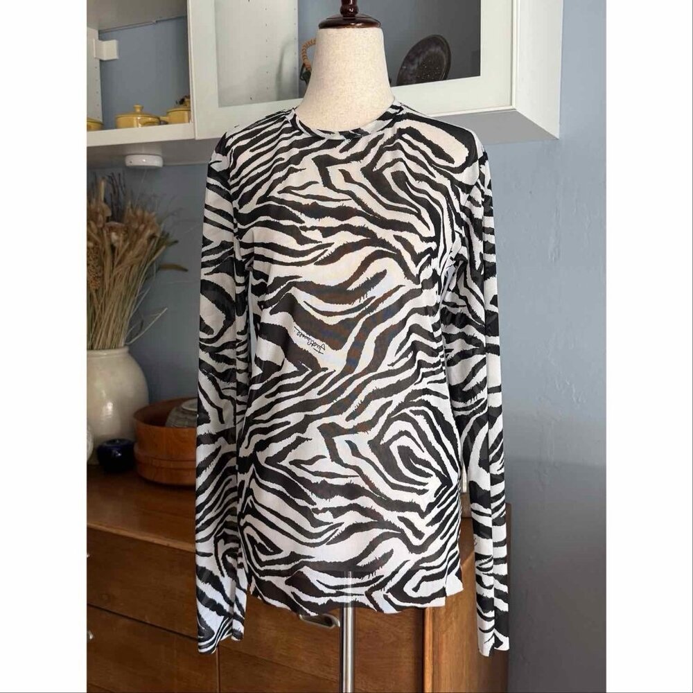 JUST CAVALLI Semi-Sheer Mesh Zebra Print Top Signature Signed Black White M